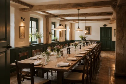 An der langen Tafel im Nebenzimmer finden sechzehn Personen Platz.