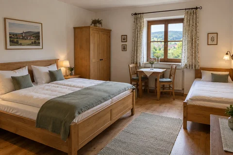 Das Familienzimmer mit Doppelbett, Einzelbett, Sitzplatz und ländlichem Ausblick.